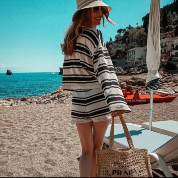 Zara 2 Piece Rustic Cropped Sweaters + Shorts Set Ecru Black Blogger Fav Medium - Picture 2 of 15